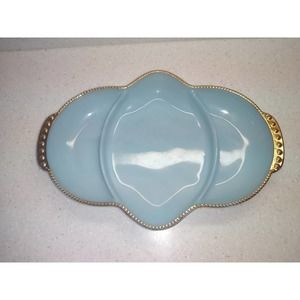 Fire king Delphite blue turquoise three part divided relish tray candy nut dish